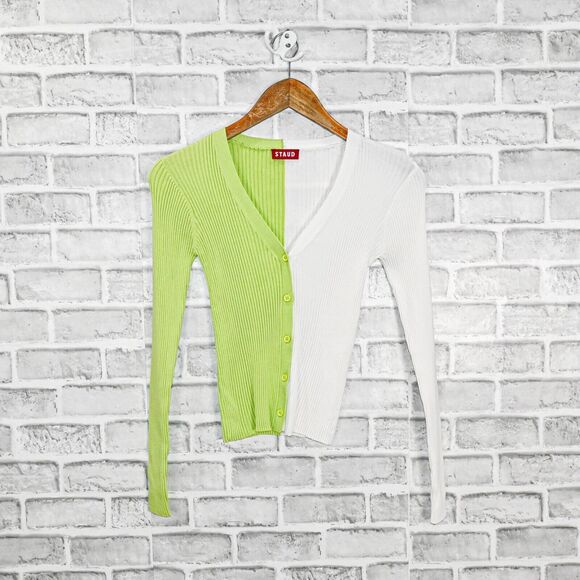 STAUD Women's Cargo Sweater Ribbed cardigan lime white colorblock - Picture 5 of 7
